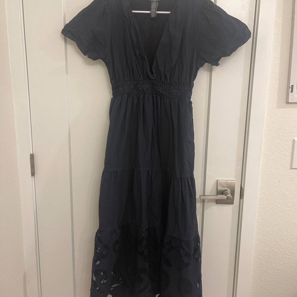 Chelsea & Theodore‎ Navy Maxi Dress Cottagecore Lace V-Neck Boho